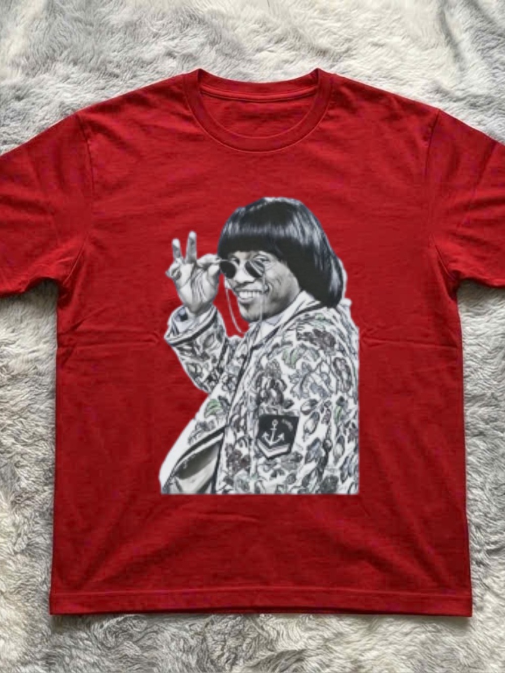 Gildan Red Short Sleeve Tee with Retro Black-and-White Graphic